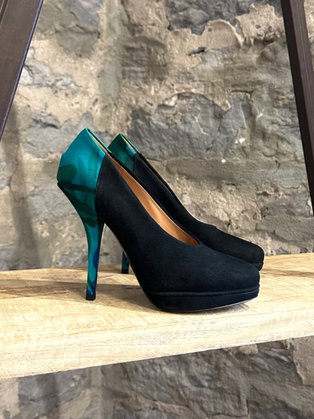 Dries Van Noten Black Suede Satin Heel Pumps